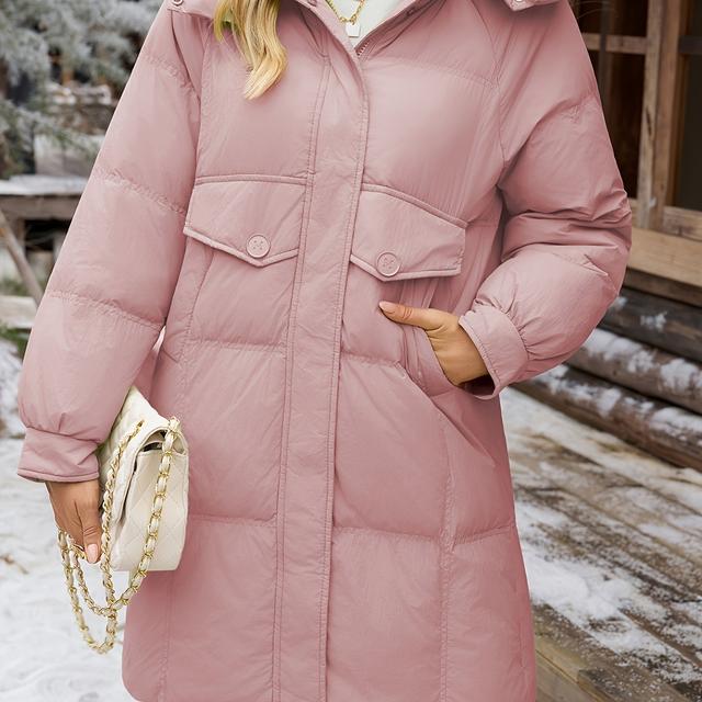 TEMU Casaco de e Quente de Estilo Coreano, Comprimento e Capuz, Corte para Mulher | Cor Sólida Elegante, Enchimento de de 220g, Outono/Inverno