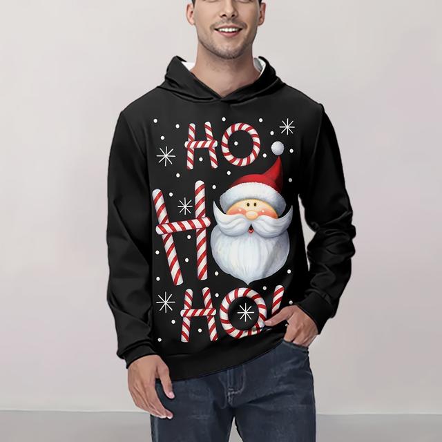 TEMU Men's Christmas Santa Hoodie - Black Hooded Sweatshirt With Text, Machine Washable Polyester Pullover For Holiday Parties, Casual Winter Outfits - Funny Gift For Him