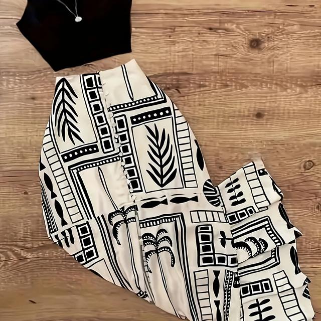 TEMU Conjunto de Vestido Midi com Halter e Estampa de Botões em Cor Sólida Selecionada