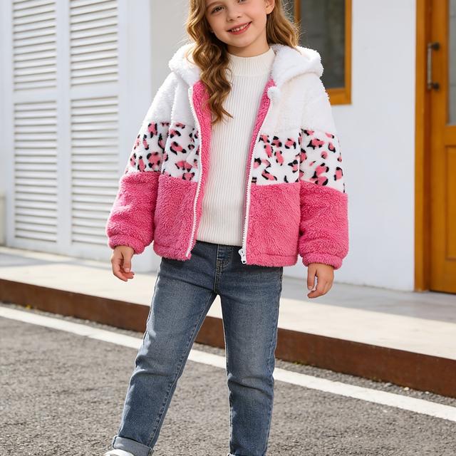 TEMU Girls' Autumn/winter Soft Comfortable Plush Color Block Leopard Print Plush Hooded Zipper Fashion Cute Cardigan Jacket