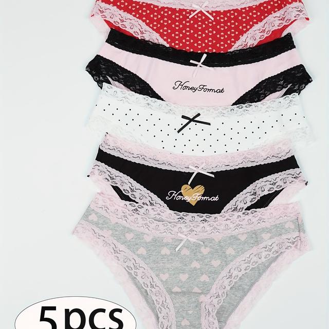 TEMU Lot de 5 Culottes Femme avec Nœud Décoratif, 95% Culottes Imprimé Cœur, Confort et Élastique, Sous-vêtements Femme Nude, Bordure Dentelle, Simple et Respirant
