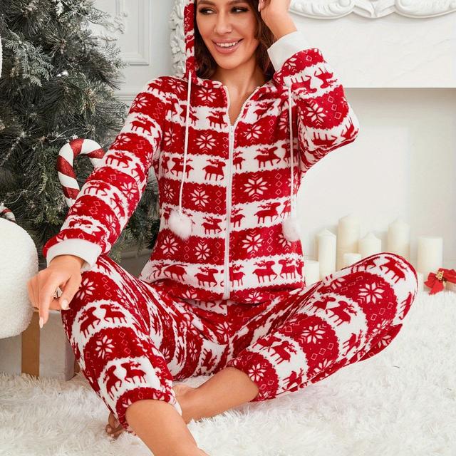 TEMU Autumn-winter Thick Plush Christmas Print Ball Hooded Women's Pajama Jumpsuit