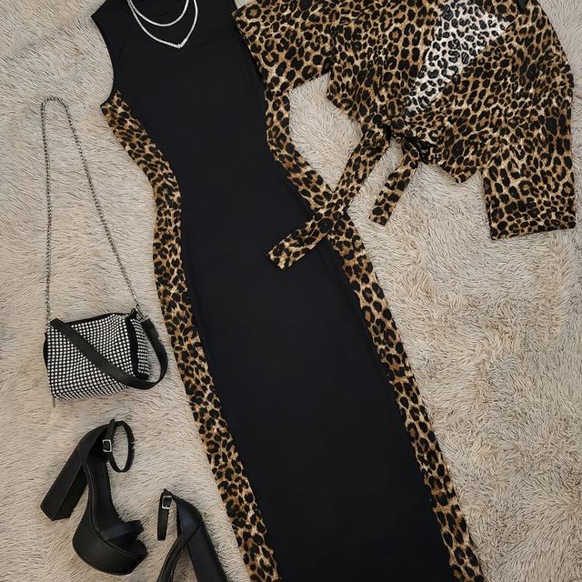 TEMU Ensemble 2 pièces pour femme : Haut cardigan décontracté et élégant Y2K à imprimé léopard, manches tombantes et noué à l' & Robe à col rond à imprimé léopard et couleurs contrastées