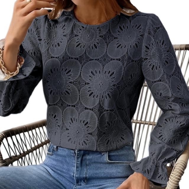 TEMU A Vintage Elegant Lace Hollow Floral Round Neck Long Sleeve Bell Sleeve Loose Top, Perfect For Casual, Commuting, And Dating Occasions