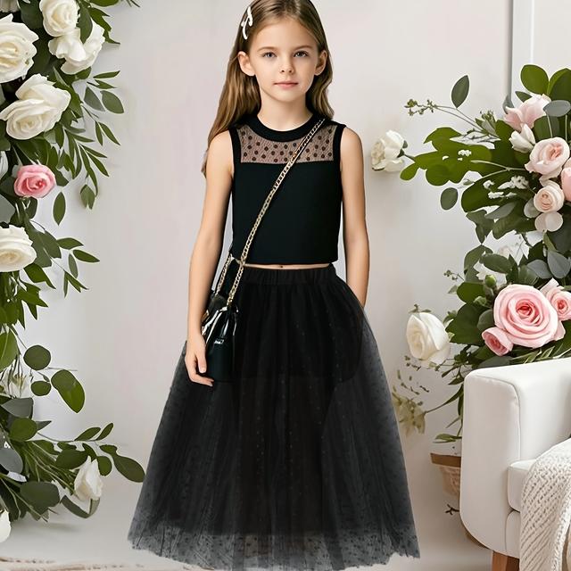 TEMU Ensemble Pièces Filles : Haut Manches en à + Short en à avec Jupe Midi en Mesh, Robe Mi-longue pour d'Été