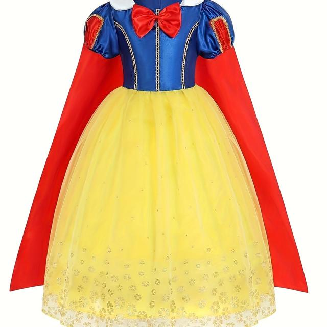 TEMU Girls' Halloween Princess Dress With Long Cape - Sparkling Golden Floral Print, Flared Puff Sleeves & Red Bow Detail, Mid-length Summer Dress For Kids, Children' Wear | Layered Skirt Design