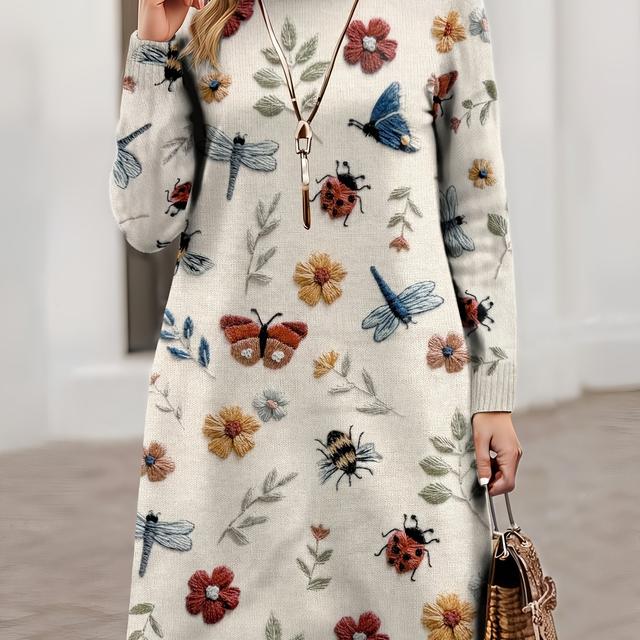 TEMU [printed Design - Not Textured] Women's Turtleneck Sweater Dress, Long Sleeve Insect Pattern Print Pullover, Soft Material, Slim Fit Look For Fall Winter
