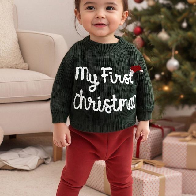 TEMU Long Sleeve Pullover Top For Toddler With Knitted Sweater, Christmas Hat, And Letter Embroidery