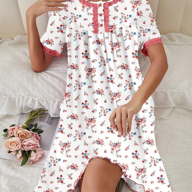 TEMU قميص نوم طويل بأكمام قصيرة بطبعة زهور مع كشكش أنيق وفاخر