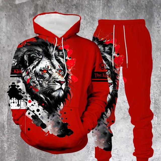 TEMU Men's Casual Two-piece Outfit Featuring A Lion Ink Print Hoodie And Sweatpants, Perfect For Spring And Autumn Style, Plus Size