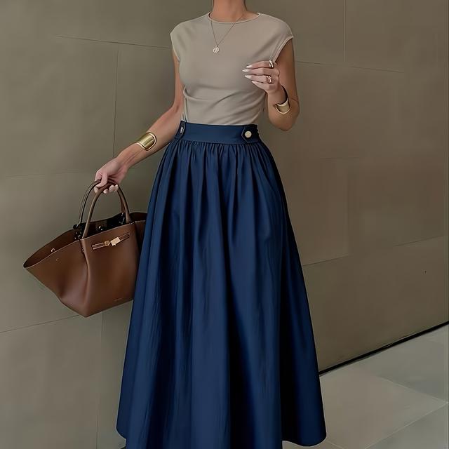 TEMU Solid Color Elegant Midi Skirt With A Belt And Button Design, Daily Commuting