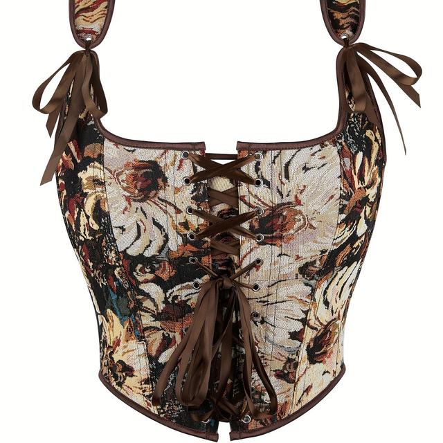 TEMU Women's Vintage-inspired Floral Print Corset Top - Adjustable Double Straps & -band Detailing, Fit For Casual & Formal Wear, Elegant Special Collection, Formal Attire, Aesthetic, Gathered Waist