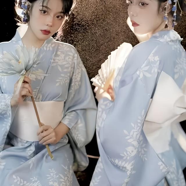 TEMU 和風レトロスタイル手描き梅花模様と紅葉の長袖着物 女性用伝統的な芸者服 花柄フォーブ