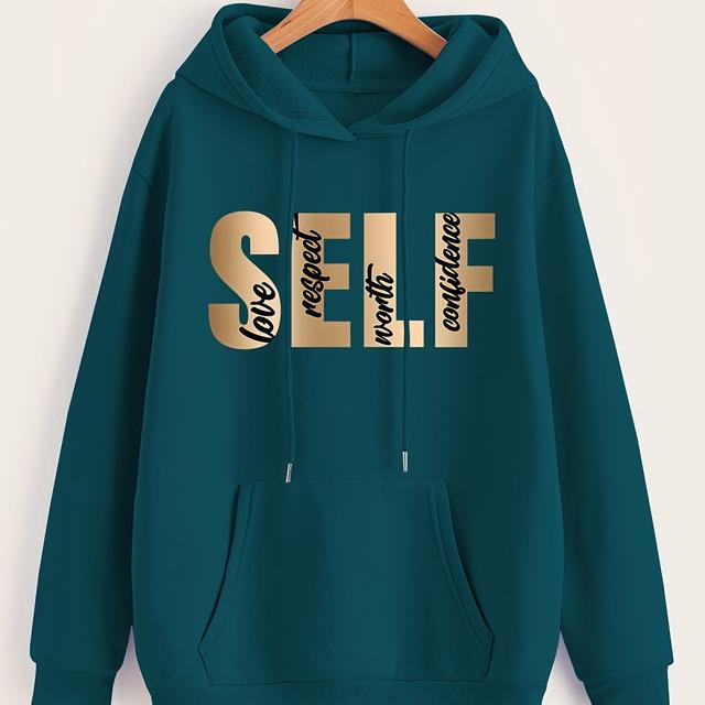TEMU Women' Blue "self" Love Print Hoodie - Cozy Polyester Long Sleeve Sweatshirt With Drawstring & Kangaroo Pocket, Casual Fall/winter , Sweater Hoodie