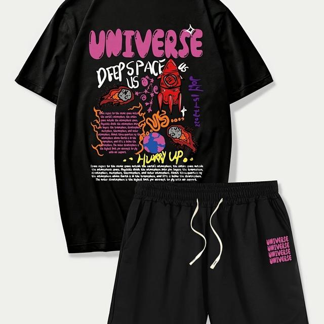 TEMU Men's Casual # Graphic T-shirt & Drawstring Shorts Set - Black, Polyester, "universe" Print
