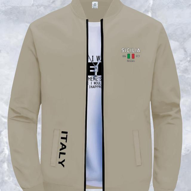 TEMU เสื้อแจ็คเก็ตผู้ชายสไตล์แฟชั่นแบบสบายๆ พิมพ์ Sicilia พร้อมคอกลม ผ้าโพลีเอสเตอร์ ผ้าขนหนูยืดหยุ่นเล็กน้อย ปิดซิป มีกระเป๋า พอดีกับฤดูใบไม้ร่วง/ฤดูหนาว