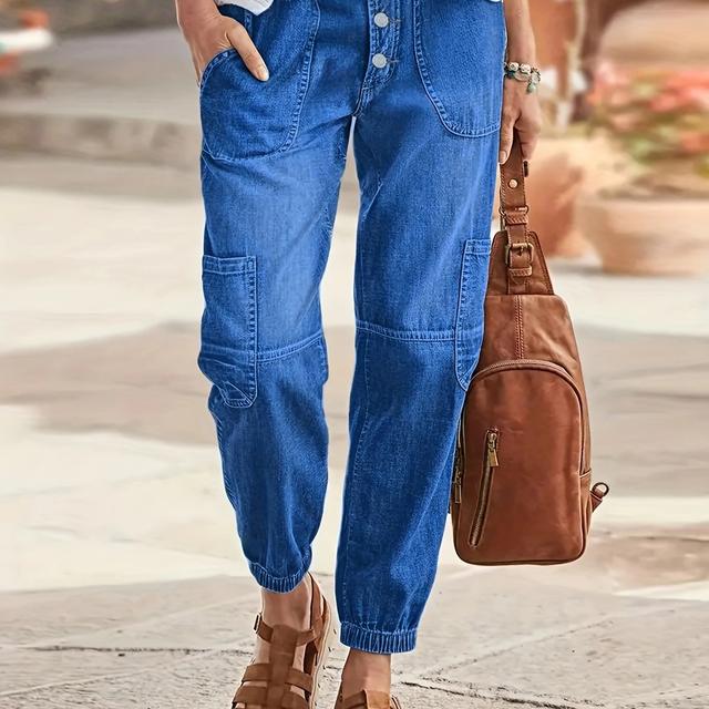 TEMU 2025AW Damen High-Waist Jogginghose mit Knopfleiste, Blaue Stretch-Jeans mit Mehreren , Leichter Frühsommer-Stil, Gürtel nicht im Lieferumfang enthalten