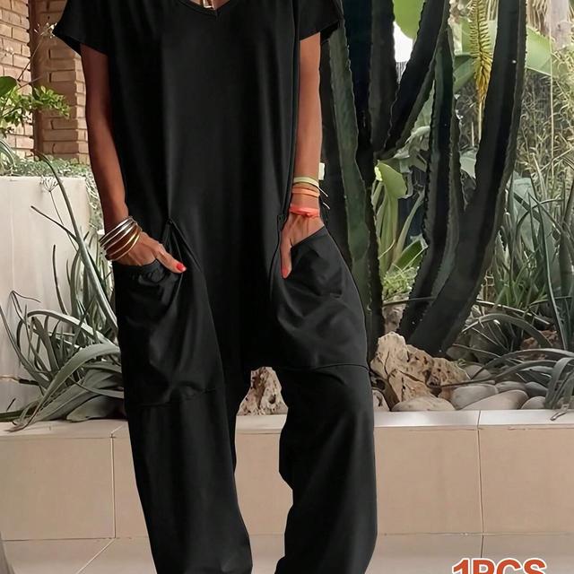 TEMU Dámský overal s V-výstřihem a krátkým rukávem - Široké kalhoty s V-výstřihem, jednobarevný overal vhodný pro volnočasové nošení, jarní, letní a podzimní outfity