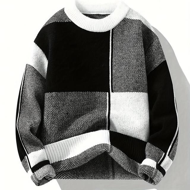 TEMU 남성 컬러 블록 캐주얼 라운드넥 긴팔 풀오버 스웨터, 데일리 캐주얼 복장, 플러스 사이즈