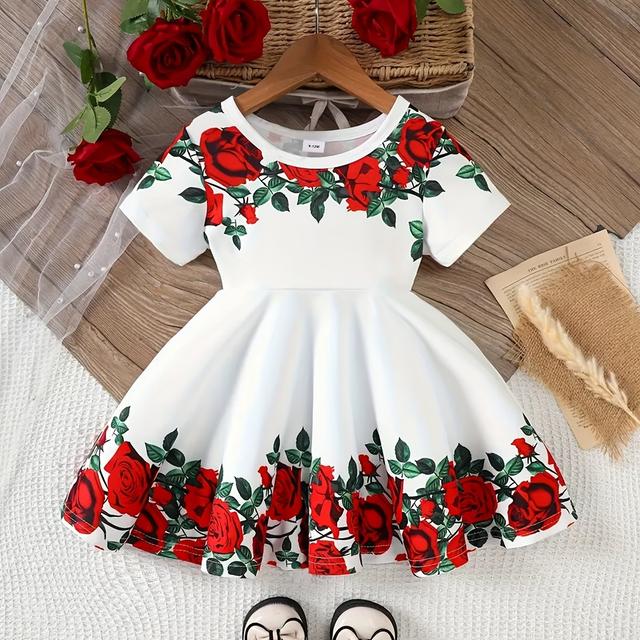 TEMU Summer Short-sleeve Floral Dress For Baby Girls