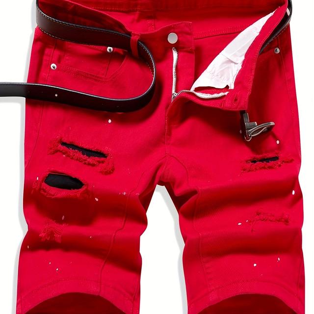 TEMU Men's Summer Distressed Casual Denim Shorts - Mid-thigh Length, Ripped Detail, Comfortable Stretch Fabric, Fashionable Dark Color, Casual Attire