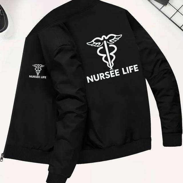 TEMU Men's Casual Nurse Jacket - Stylish Black Zip-up With Winged Medical Symbol, Elastic Cuffs, And Pockets, Fall/winter