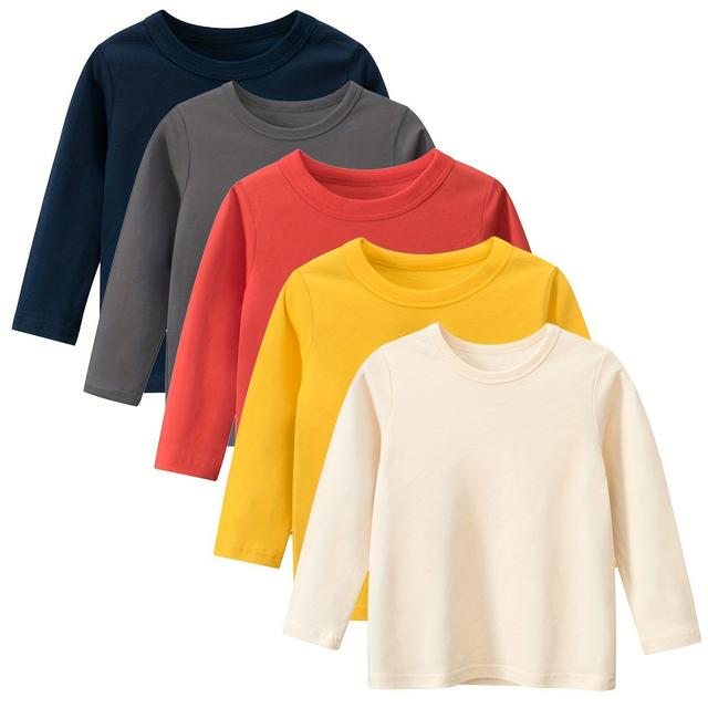 TEMU 5-teiliges schlichtes, einfarbiges Langarm-T-Shirt für Jungen, lässige, leichte und bequeme Oberteile, Outdoor-Kleidung für Jungen