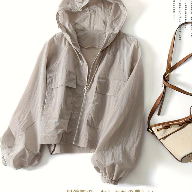 TEMU 日焼け止め服 長袖 レディース ジャケット フード付き ショート丈 アウター ジップアップ 薄手 紫外線対策 防风 カジュアル 無地 ゆったり 通勤 普段着 春 夏 秋
