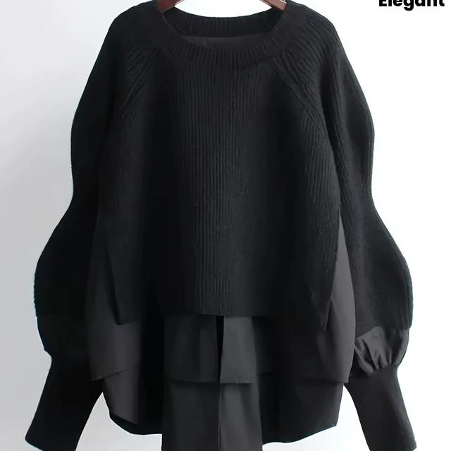 TEMU レディース ト フェイクツーピースセーター - ドレイヤードデザイン ネックライン＆ロングスリーブブラウス、テクスチャードファ 春/秋のレイヤリングに最適、手洗い/ドライクリーニング、カジュアルからルまで対応 (ブラック) - シックで多用途な日常からルウェア、精巧な職人技、ディテール付き、フェイクファーテクスチャー、洗練されたレディースセーター