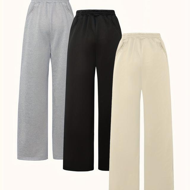 TEMU Girls' Stylish And Simple Casual Loose Sports Pants, Comfortable Solid Color Elastic Waist Long Trousers, Versatile Straight-leg/wide-leg Pants, For Outdoor