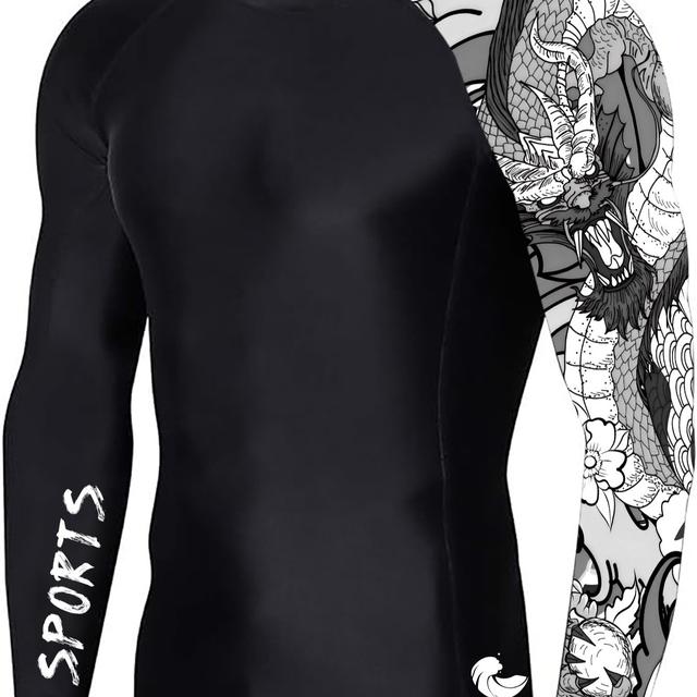 TEMU قميص غوص للكبار بأكمام طويلة - قميص رياضي من النايلون والسباندكس عالي المرونة مع طبعة نمط التنين