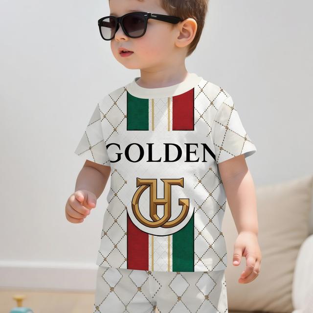 TEMU 2pcs Summer New Baby Boy Casual Golden Label Light Luxury Printed Pattern Round Neck T-shirt And Shorts Set, Comfortable And Fashionable Dressing , For Outdoor