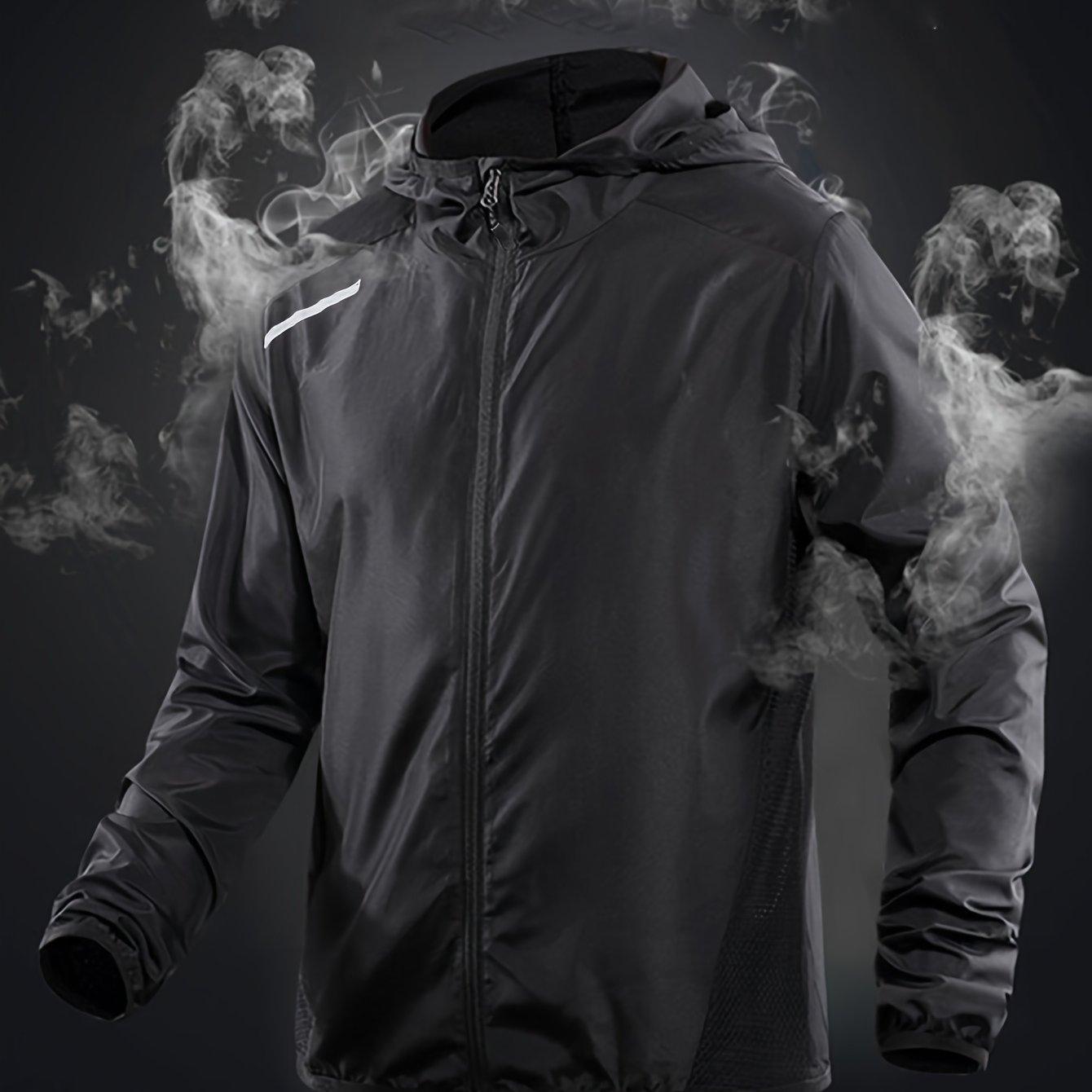 TEMU Men's Breathable Lightweight Windproof Hooded Jacket With Reflective Shoulder Straps, Mesh Side Panels For Fitness, Running, Hiking, And Outdoor Activities, Casual Apparel