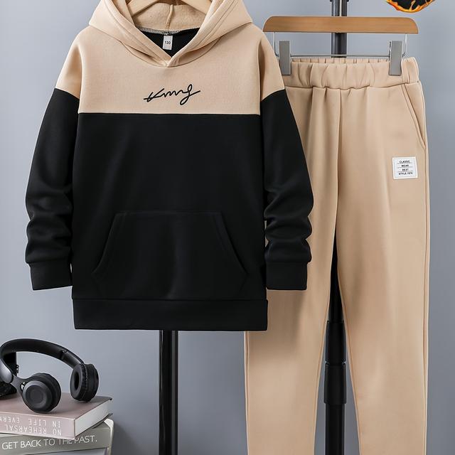 TEMU Boys' -lined Outfit & Letter Print Oversized Pocket Top & Labeled Pants Set & Versatile Fashion Casual Trendy -lined Set, Perfect For Outdoor