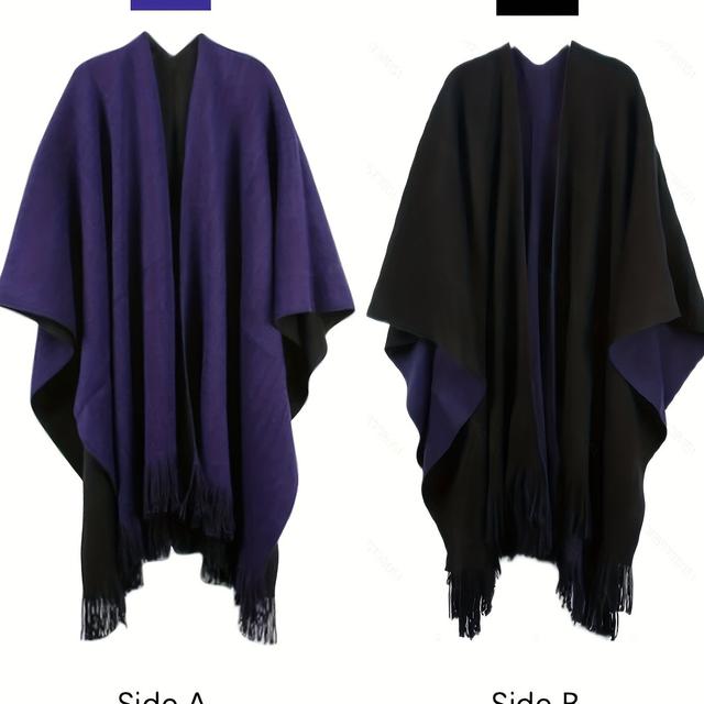 TEMU 우아한 플러스 사이즈 이중면 인조 캐시미어 따뜻한 털이 있는 여성용 카프 셔우드 슬리브리스 재킷 - 보라색 & 검정색, 스트레치되지 않는 원단, 가을/겨울용 칼라리스 디자인