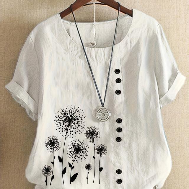 TEMU Plus Size, Summer Retro Floral Print Oversized Loose Short Sleeve Pullover Round Neck T-shirt For Women