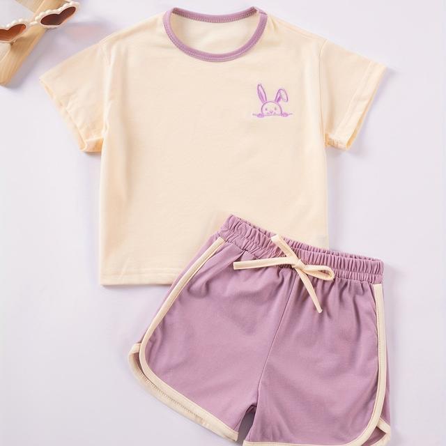 TEMU Summer Girls' T-shirt And Shorts Set Featuring Cute Cartoon Designs, Comfortable And Skin-friendly, Model Xs91, For Outdoor