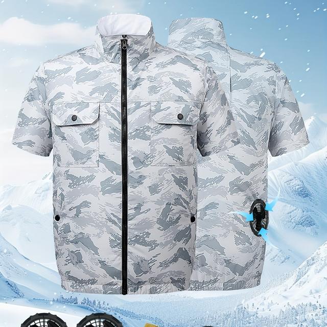 TEMU 남성용 짧은 소매 팬 재킷 - 조절 가능한 공기 순환, 지퍼 및 포켓, 휴대용 팬이 있는 여름 야외 작업복, 캐주얼 스타일, 스탠드 칼라, 스트레치되지 않은 원단, 전체 프린트 디자인, 여름 작업복 | 조절 가능한 공기 순환 재킷 | 휴대용 팬 포켓, 작업복용 팬