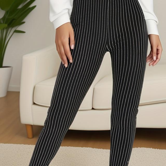 TEMU Plus Size - Plus Size - Black Striped Plus-size Women's Leggings For, Casual Daily Stretchy Pants In Large Sizes