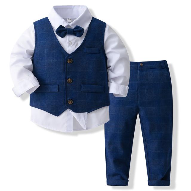 TEMU Boys' Spring/autumn Blue Gentleman Three-piece Set: Vest + Long-sleeve Shirt With Collar + Pants