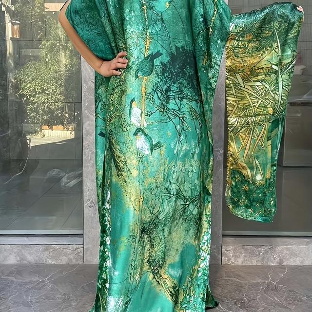 TEMU Women's Plus Size Floral Print Tunic Dress With Scarf, Elegant Crew Neck Batwing Sleeve, Loose Fit Polyester Long Dress For All , Party Wear