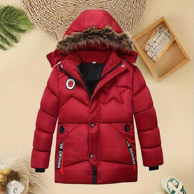 TEMU Boys' Winter Coat Thickened Hooded Jacket With Hood Clip - Warm Casual Zip-up Coat For Fall/winter, Black, Polyester, Comfortable Outerwear For Kids, Cozy Winter Apparel, Design