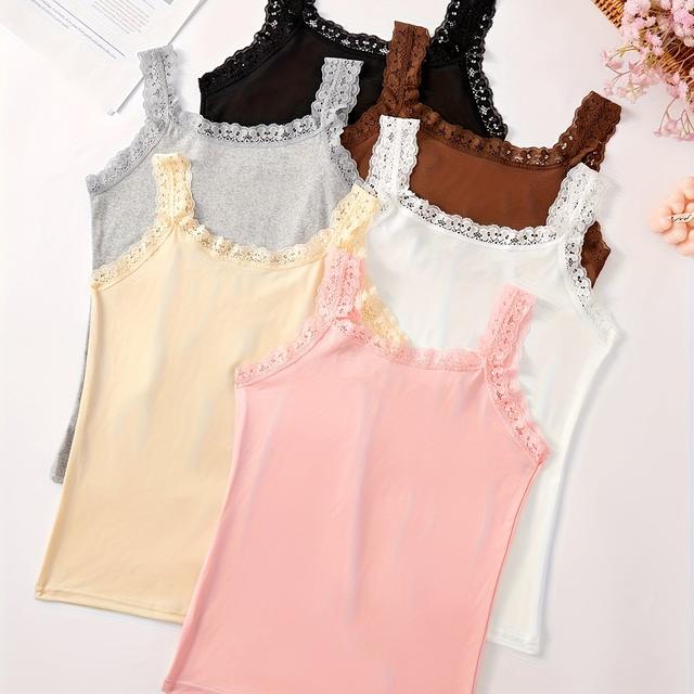 TEMU Set Of 6 Women's Lace Tank Tops With Round Neck, New For Spring And Summer, Comfortable Loungewear That Worn Outside, Suitable For All , Women's Base Layer Underwear
