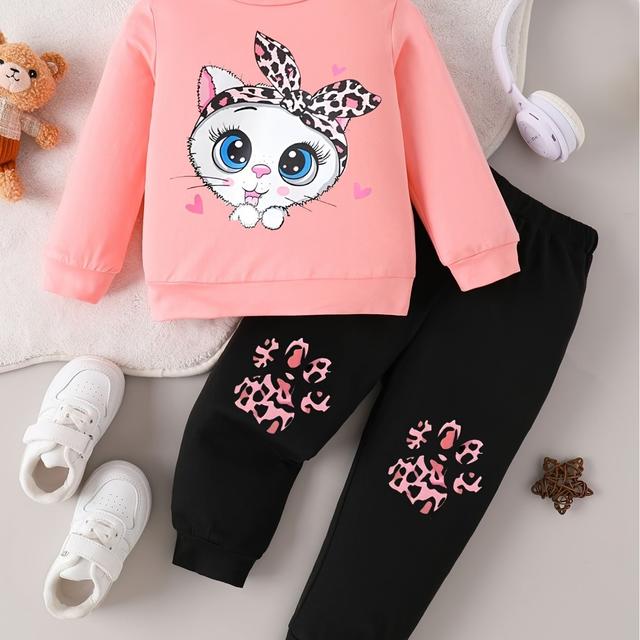 TEMU Spring And Autumn Style Infant And Toddler Girl's Round Neck Cartoon Print Long-sleeved Top And Pants Cute Two-piece Set Development, For Outdoor