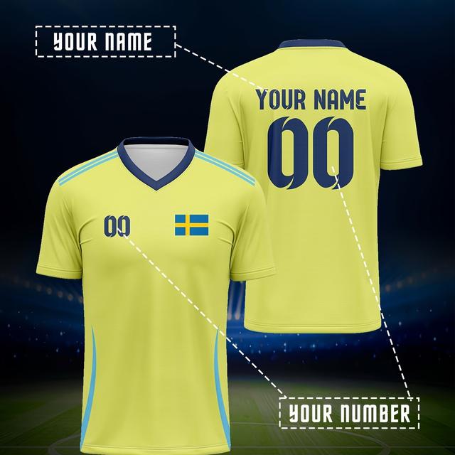TEMU Personalized Sweden National V-neck Football Jersey - Name & Number, Breathable Training & Suit For, Swedish, Washable Sportswear Suitable For