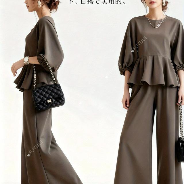 TEMU 日本の新しいランタンスリーブトップスは、ファッションで多用できる。今年のレースデザインのワイドレッグパンツのツーピーススーツ