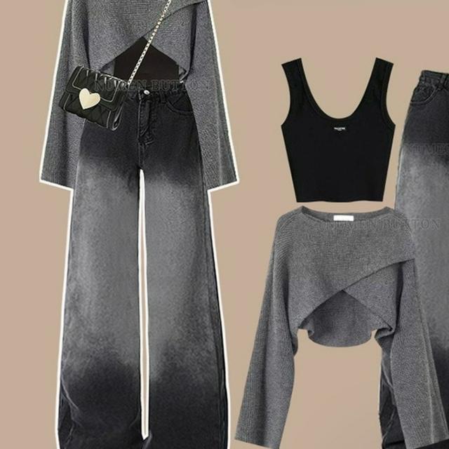 TEMU 【2025年秋】レディース向けルーズなイント、セーター、ハイウエストスリムワイドパンツの