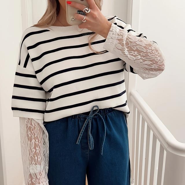 TEMU Neues Frühlings- und Sommer-Gestreiftes Kurzarm-Strickoberteil mit Rundhalsausschnitt