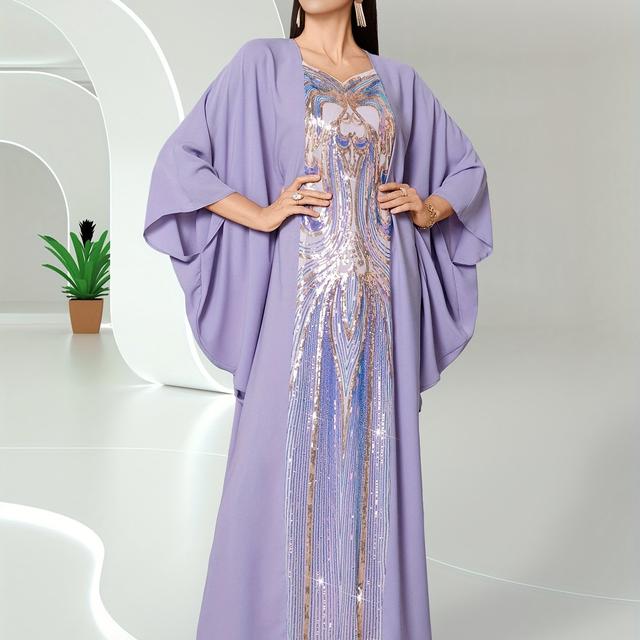 TEMU Abaya brodée à paillettes - Robe à manches longues en polyester avec manches chauve-souris, design de couleur unie, tissu tissé, portée toute l'année