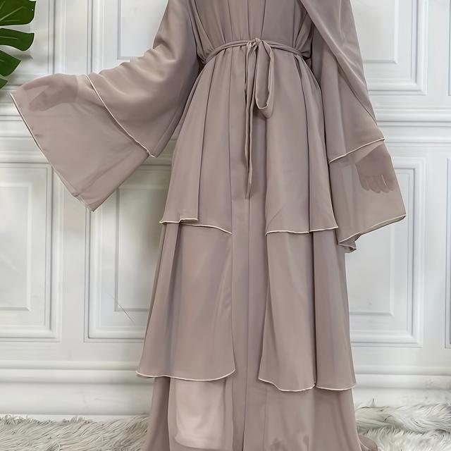 TEMU Ramadan Layered Open Front Modest Dress, Long Sleeve Dress With Belted, Without , Women's Clothing